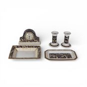Wedgwood Cornucopia pattern candlesticks, mantel clock and two rectangular dishes (both seconds). (
