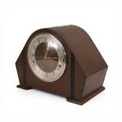 Art Deco style oak-cased mantel clock, featuring Westminster chime movement. (H: 22cm)