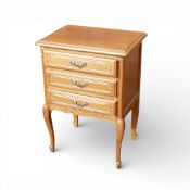 Vintage French Louis XV style oak three drawer side table, featuring cabriole legs, ornate brass