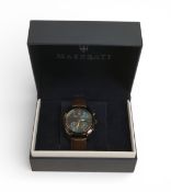 Maserati Traguardo Quartz Chronograph gents watch, with blue dial and brown leather strap, with