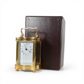 A vintage Angelus carriage clock, in a gilt brass case, with swing carry handle, with box. (H: