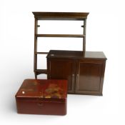 Mid century dark oak wall cabinet and wall rack with dentil moulding, together with Japanese red