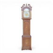 19th to 20th century grandfather clock, featuring swan-neck pediment, with intricate wood inlay,
