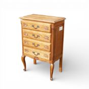 Vintage French Louis XV style oak chest of drawers, featuring cabriole legs, ornate brass handles,
