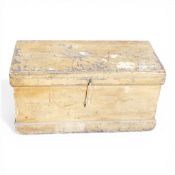 A large weathered wooden chest or trunk featuring a natural wood finish, with significant wear. (