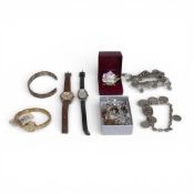 9ct gold and silver marquisate ring, 3.4g, Silver cross and chain, 11.3g, Pair Silver Amber earrings