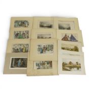 A collection of hand-coloured prints and engravings from the late 19th century depicting fashion,