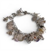 Silver charm bracelet, 61.7g.