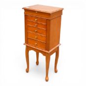 Mahogany reproduction five drawer jewellery cabinet with cabriole legs. (H: 93cm x W: 40cm x D: