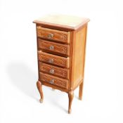 French style carved oak veneer slimline chest of 5 drawers. On cabriole legs with carved details and