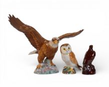 Beswick, Bald Eagle, 1018, together with small Barn Owl, 2026, and Beneagles Scotch Whisky decanter.