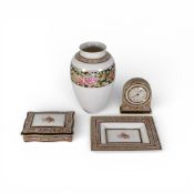 Wedgwood Clio patterned vase, lidded trinket box, rectangular dish and mantel clock. (H: 23.5cm) (