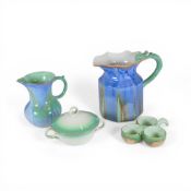 Shelley Dip Ware, two pitchers, double handled lidded and three sectioned condiment server, part