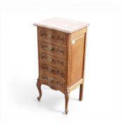 French style carved oak ripple fronted chest of 5 drawers. Slimline design, on cabriole legs with