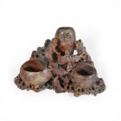 Vintage Oriental hand-carved soapstone brush pot, with intricate carved detailing featuring monkey's