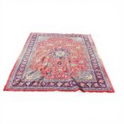 Persian carpet art, 100% wool-pile, featuring floral pattern in vibrant colours of red, cobalt