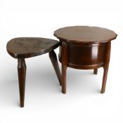Vintage hand-carved wooden Stool, three leg design with a shield style shaped seat, hand carved with