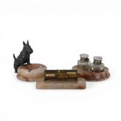 Art Deco style desk set featuring onyx marble base with two glass inkwells, perpetual desk