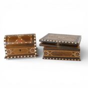 Vintage inlaid wood marquetry jewellery trinket box, lined with a red fabric, together with