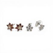 Pair 9ct gold earrings set with dark red stones, 2.5g and a pair of white metal earrings.