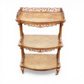 Victorian three tier burr walnut whatnot with intricate fretwork, H106cm x W66cm x D35cm. Collection