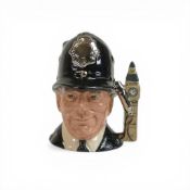 Royal Doulton small prototype character jug London Bobby, with silver lustre badge & whistle,