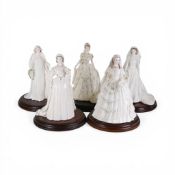 A collection of five Coalport Royal bride figurines on wooden plinths, The Queen, Queen Elizabeth
