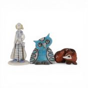 Artesania Rinconada ceramic model of a curled fox, Italian studio pottery model of an owl and