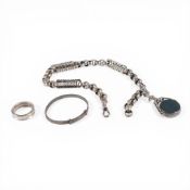Victorian Silver watch chain with agate seal and bracelet and ring, 65.8g.