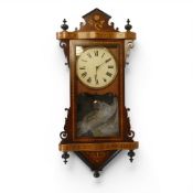 Antique Anglo-American inlaid scroll wall clock, featuring a parquetry case with contrasting wood