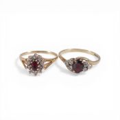 Two 9ct gold rings, each set with red & white stones, sizes l & O, 3g.
