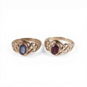 9ct gold ring set with oval blue stone, size N/O, 2.6g, and another similar 9ct ring set with red
