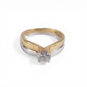 yellow & white metal ring set with solitaire CZ stone, electronically tested to be 18ct gold, size
