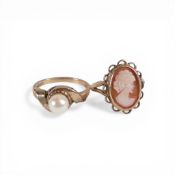 9ct gold ring set with pearl, size N, 3.1g and 9ct gold cameo ring, K,2.9g. (2)