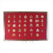A collection of assorted British Army regimental cap badges, displayed on a red felt mount, to