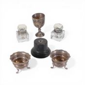 Pair Silver salts and small trophy on stand and pair glass inkwells, silver weight 96g.