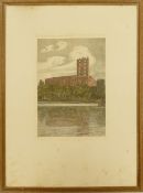 Framed etching by Axel Holm undated, but early 20th century, depicting an imposing building viewed