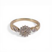 9ct gold diamond cluster ring, size R, 3g.