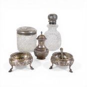 Antique Silver Pair open salts, Two Silver topped jars, pepper pot and spoon, silver weight 216.6g.