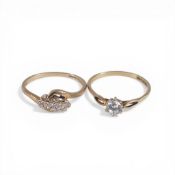9ct gold diamond cluster ring, size M, 1.8g and 9ct solitaire cz ring, size N,1.2g. (2)