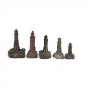 Cornish Serpentine stone lighthouse sculptures, carved from Serpentine stone with red tones and