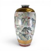Very large Oriental floor vase, traditional mountain and waterside scenes bordered by gold and