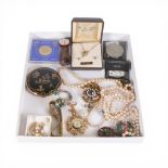 A collection of costume jewellery including brooches, pendants, coins and more.