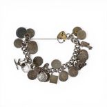 Silver charm bracelet having many pre-47 Silver threepences and One 9ct gold charm attached, 88.6g.