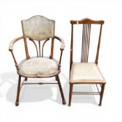 Early 20th century hall chairs with traditional woodworking techniques & upholstered seats.(2)