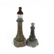 Cornish Serpentine stone lighthouse sculptured table lamps, carved from Serpentine stone with grey