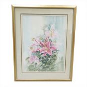 Maureen Ratcliffe, watercolour painting of pink lilies, 67 x47cm, in gilt frame.