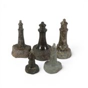 Cornish Serpentine stone lighthouse sculptures, two carved from Serpentine stone with red and