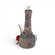 Cornish Serpentine stone lighthouse sculpture table lamp, carved from Serpentine stone with red