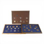 A collection of assorted British Army regimental insignia, cap and collar badges, displayed on